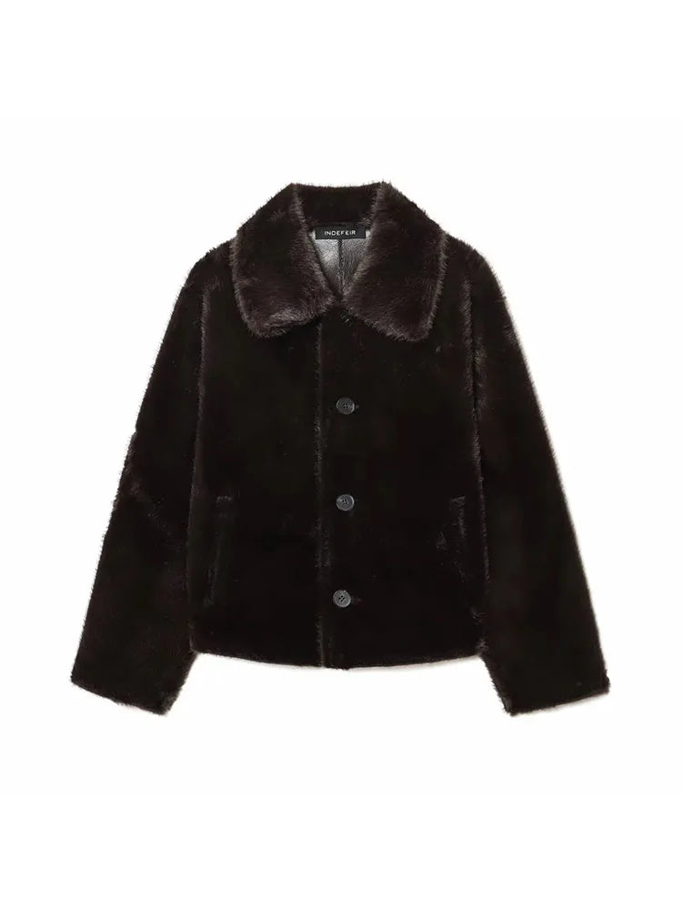 Women 2025 Winter New Reversible Plush Faux Leather Jackets For Blends Thick Winter Office Turn-down Collar Coat Chic Outerwear