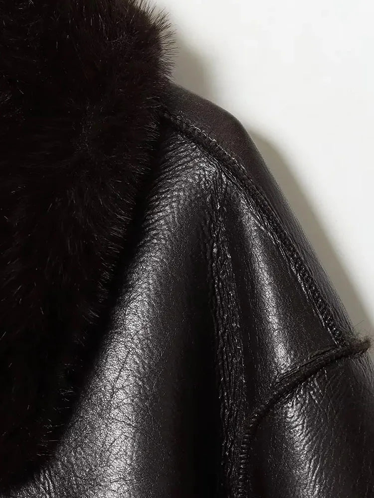 Women 2025 Winter New Reversible Plush Faux Leather Jackets For Blends Thick Winter Office Turn-down Collar Coat Chic Outerwear