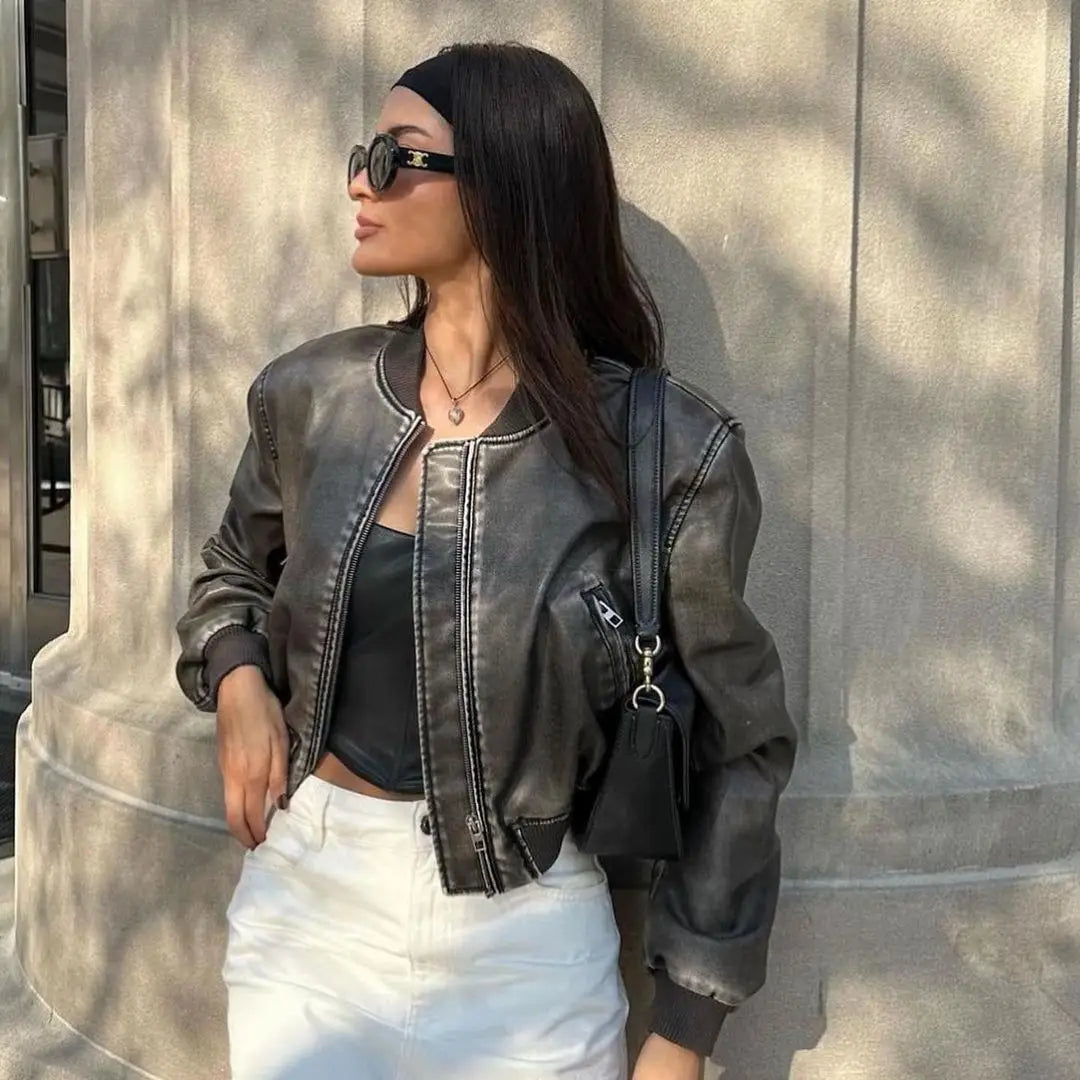 2025 Women Washed Leather Loose Jacket Vintage Stand Collar Gradient Zipper Short Coat Spring Lady Locomotive Style Chic Coat