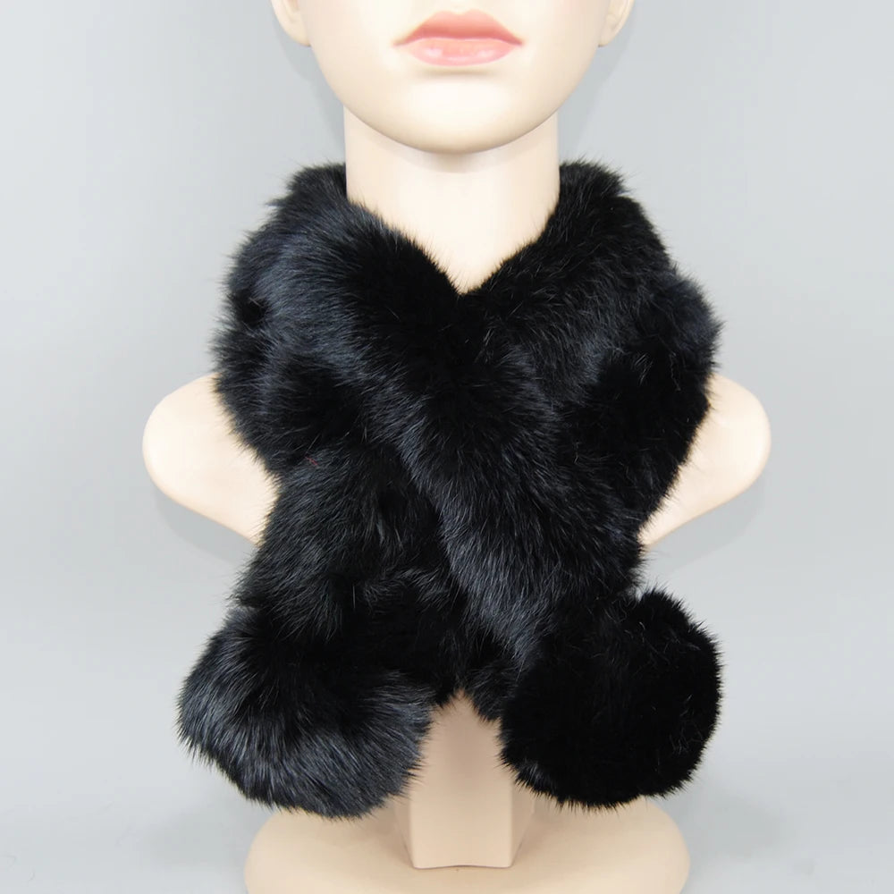 2025 New Russian Women Genuine Rabbit Fur Scarf Winter Ladies Warm Real Rabbit Fur Muffler Fluffy Pompoms Natural Fur Scarves