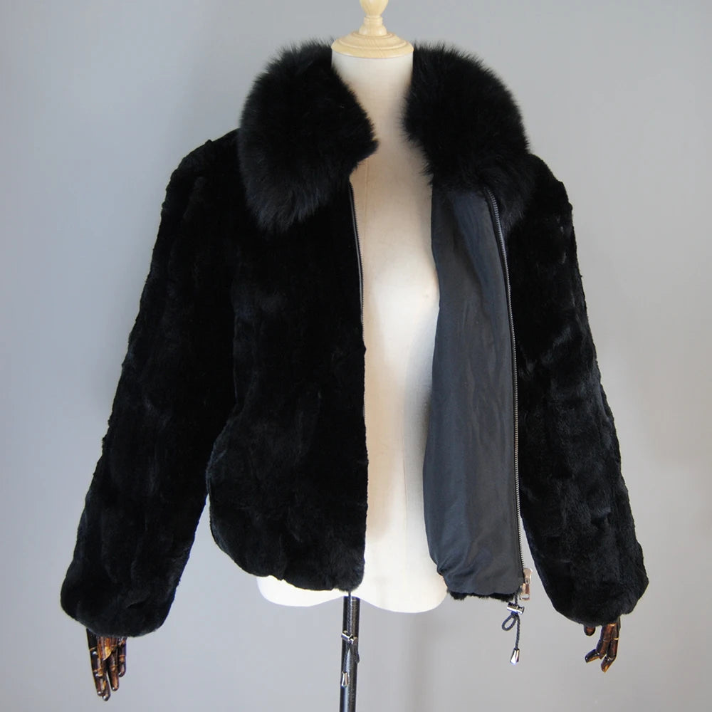 2025 Brand Winter Warm Soft Quality Real Rex Rabbit Fur Coat Women Rex Rabbit Fur Short Jackets With Real Fox Fur Collar Overcoa