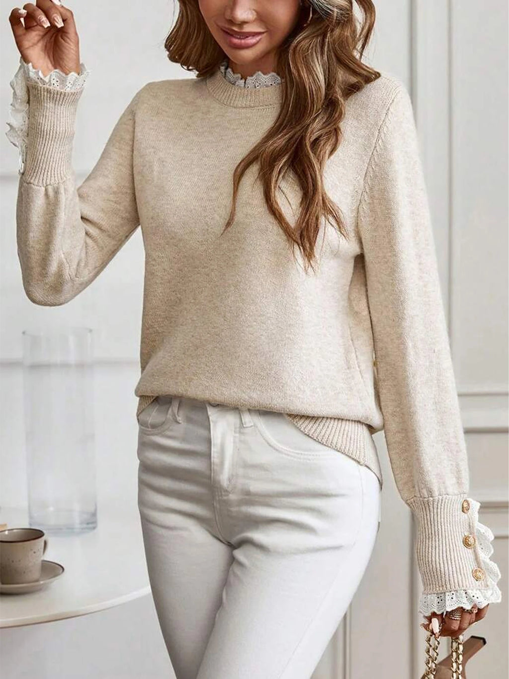 Autumn and winter women's lace decoration round neck long sleeved knitted sweater