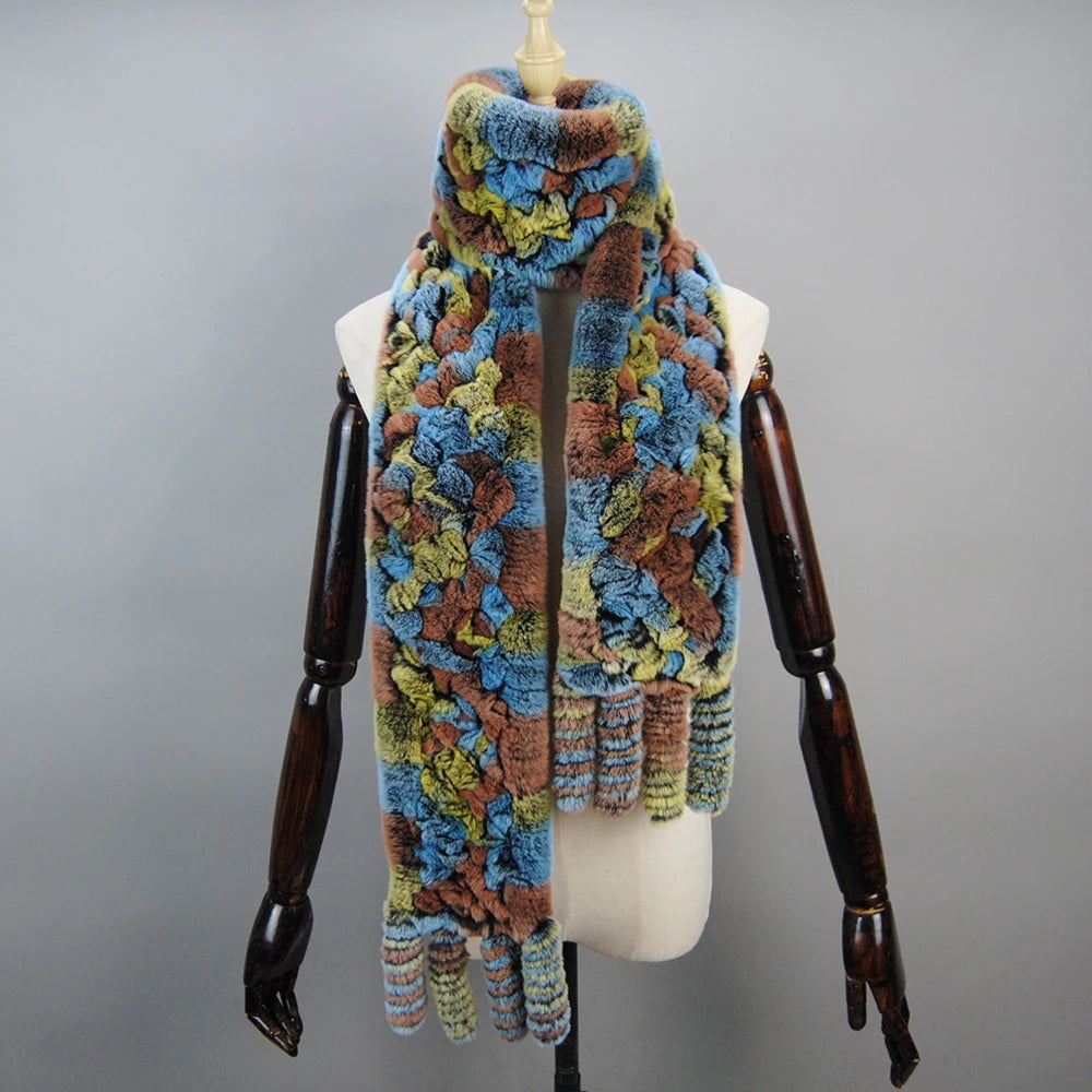 2025 Long Style Women Winter Real Rex Rabbit Fur Scarf Natural Rex Rabbit Fur Scarves Lady Knitted Rex Rabbit Fur Ring Scarves