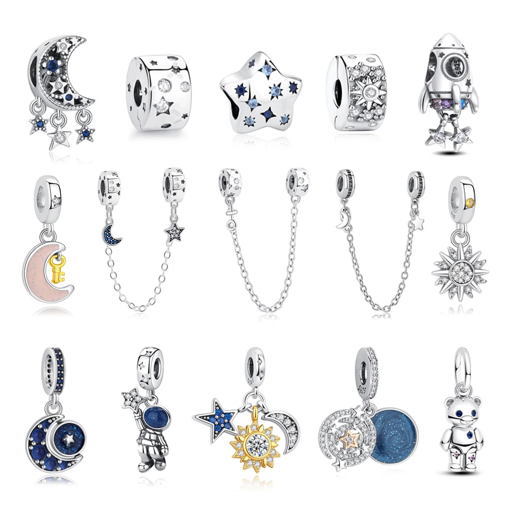 New Original 925 Sterling Silver Charms Star Moon Blue Crystal Glass Beads Fit Brand Bracelets Necklaces Jewelry For Women