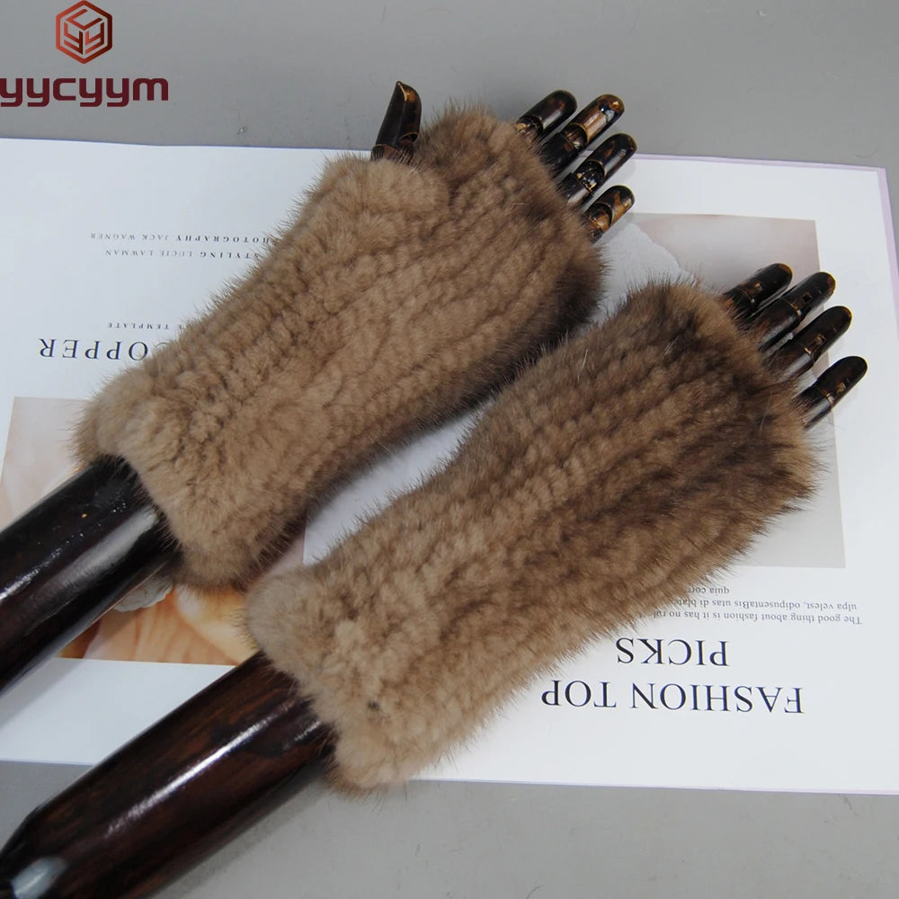 New Style Women Winter Real Mink Fur Gloves 100% Natural Warm Mink Fur Fingerless Gloves Girls Knitted Genuine Mink Fur Mittens