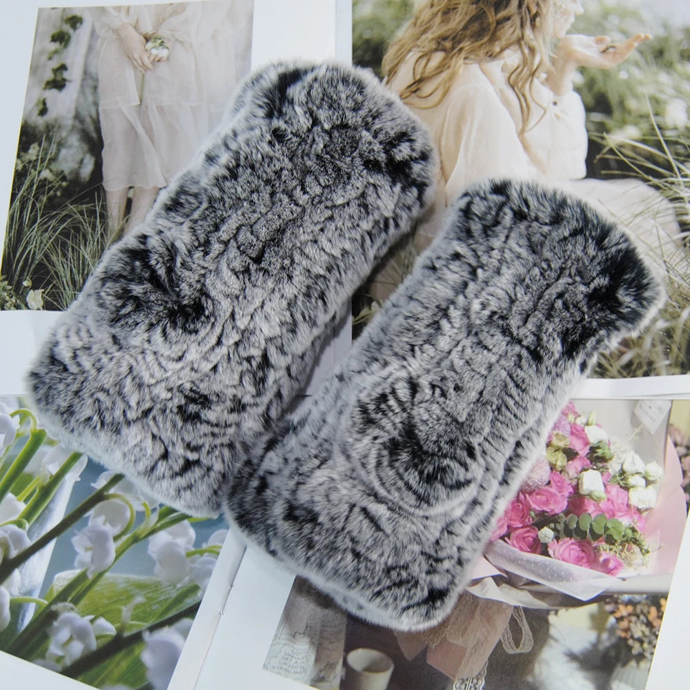 2025 Fashion Real Rex Rabbit Fur Women's Winter Gloves Genuine Fur Mittens Girl Fingerless Gloves Wrist Warmer Elastic Fluffy