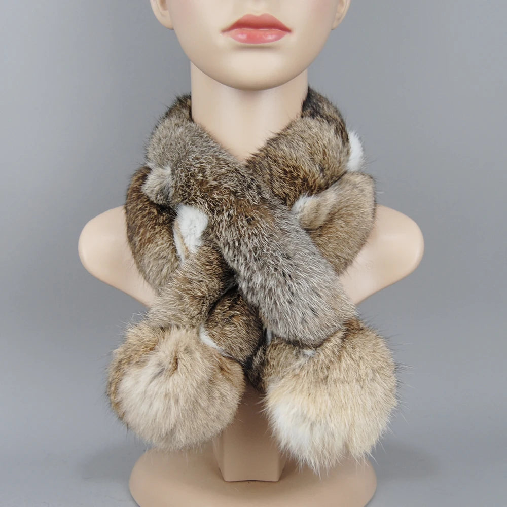2025 New Russian Women Genuine Rabbit Fur Scarf Winter Ladies Warm Real Rabbit Fur Muffler Fluffy Pompoms Natural Fur Scarves
