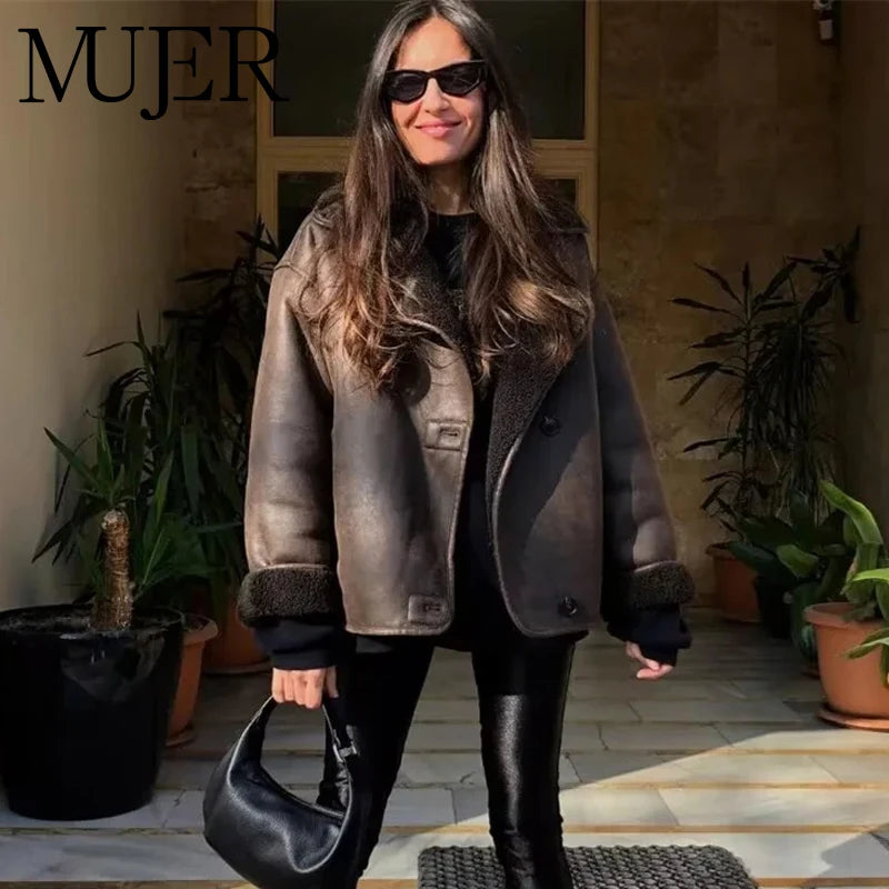 MUJER Faux Leather Jackets for Women Winter Warm Bomber Jacket Woman Long Sleeve Womens Coats Plush Oversized Women's Jackets