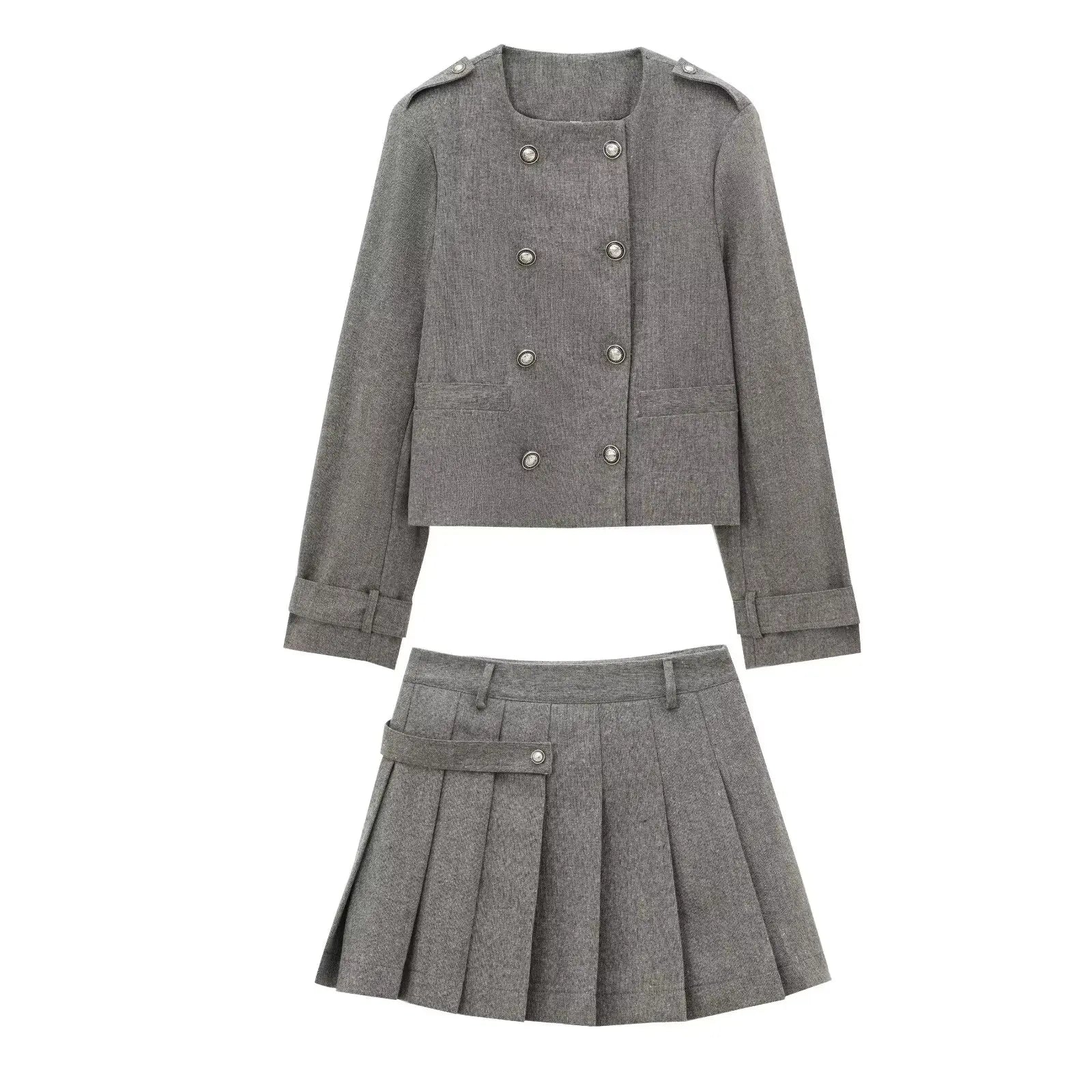 Women Wide Pleated Mini Skirt Sets For Women 2 Pieces Fashion Double Breasted Short Jacket Women 2 Pieces Women Outfit