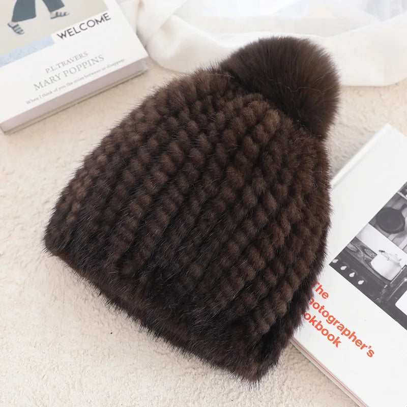 Real Mink Fur Hat For Women New Brand Thicken Female Fur Caps Ladies Winter Knitted Mink Fur Beanies With Fox Fur Pompoms Hat