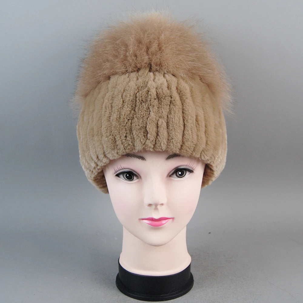 Female's Hat Good Elastic Natural Fluffy Real Fox Fur Hat New Winter Women Knitted Real Rex Rabbit Fur Hats Lady Real Fur Cap