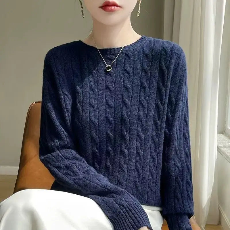 Autumn And Winter New Thick Wool Knitted Sweater Solid Color Round Neck Twist Loose Fashion Knitted Bottoming Shirt Top