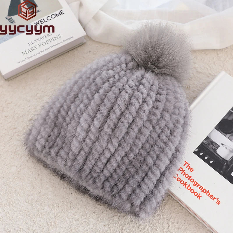Real Mink Fur Hat For Women New Brand Thicken Female Fur Caps Ladies Winter Knitted Mink Fur Beanies With Fox Fur Pompoms Hat