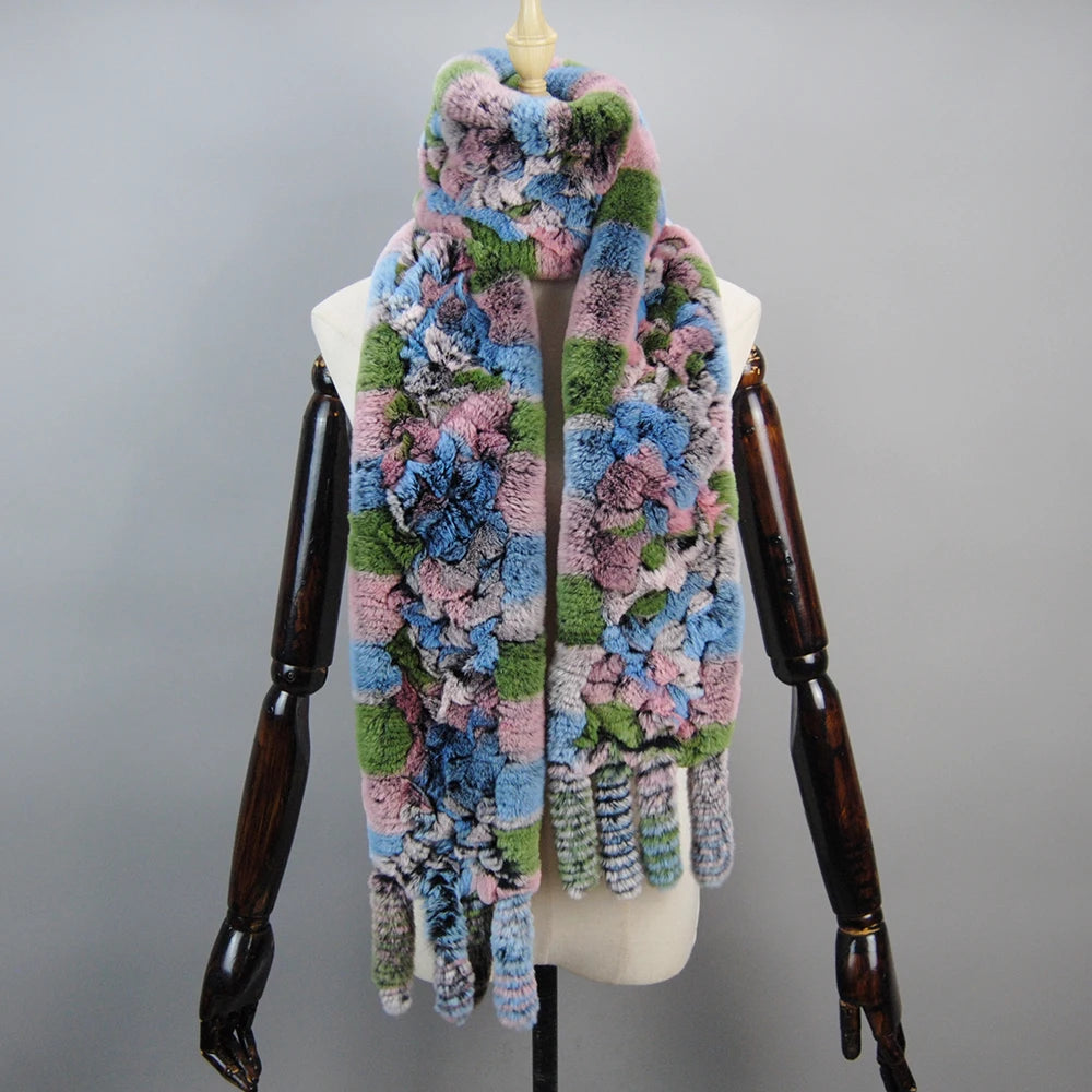 2025 Long Style Women Winter Real Rex Rabbit Fur Scarf Natural Rex Rabbit Fur Scarves Lady Knitted Rex Rabbit Fur Ring Scarves