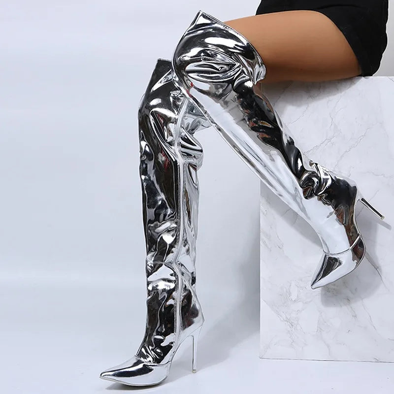 Sexy Silver Mirror Thigh High Boots Women T Show Pointy Toe Club Party Shoes Thin High Heels Over The Knee Long Boots For Women