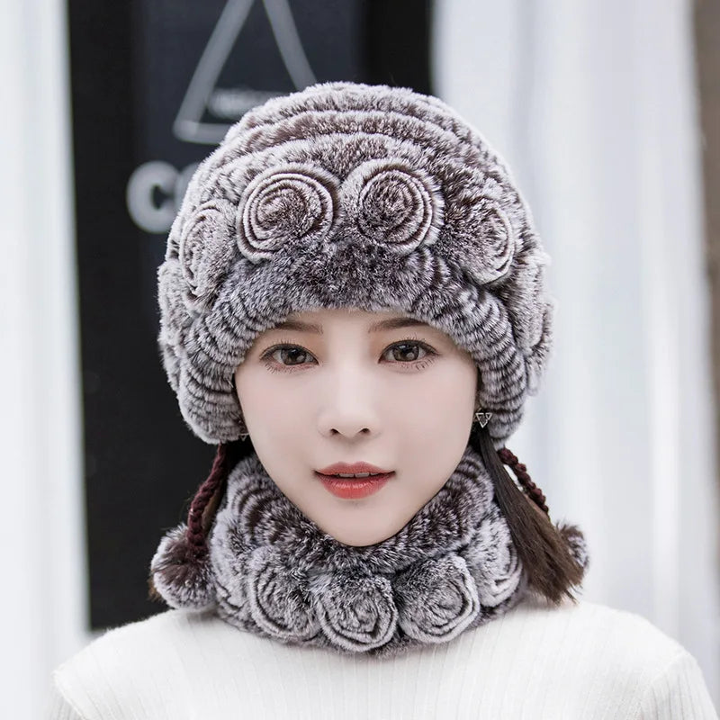 Hot Sale Women Warm Rex Rabbit Fur Hat Scarf Sets Winter Lady Knit Fur Hats Muffler 2 Pieces Natural Rex Rabbit Fur Cap Scarves