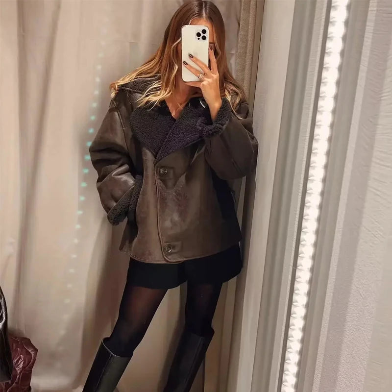 MUJER Faux Leather Jackets for Women Winter Warm Bomber Jacket Woman Long Sleeve Womens Coats Plush Oversized Women's Jackets