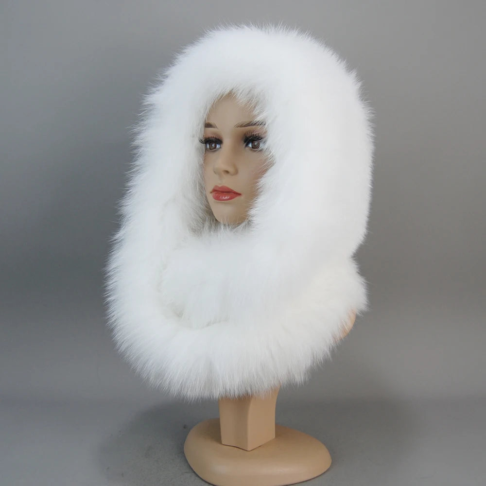 Luxury Knit Genuine Fur Caps Muffler Winter Thick Women 100% Natural Fox Fur Hat Scarves Lady Warm Fluffy Real Fox Fur Hat Scarf