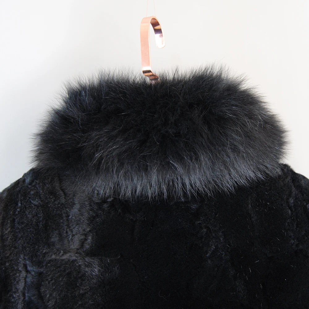 Hot Sale Women Winter Warm Soft Quality Real Rex Rabbit Fur Coat Rex Rabbit Fur Short Jacket Big Real Fox Fur Collar Overcoat