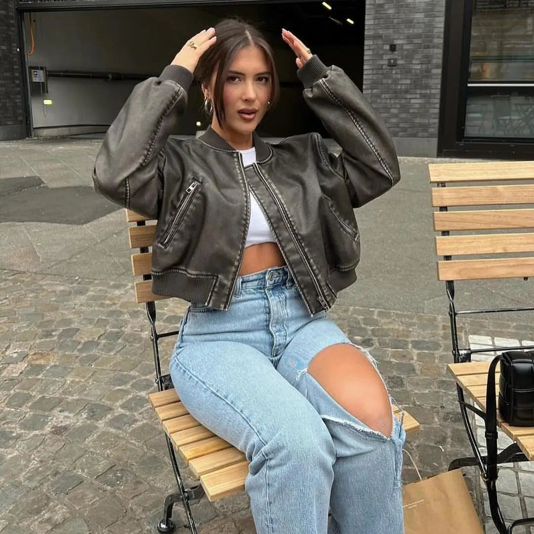 2025 Women Washed Leather Loose Jacket Vintage Stand Collar Gradient Zipper Short Coat Spring Lady Locomotive Style Chic Coat