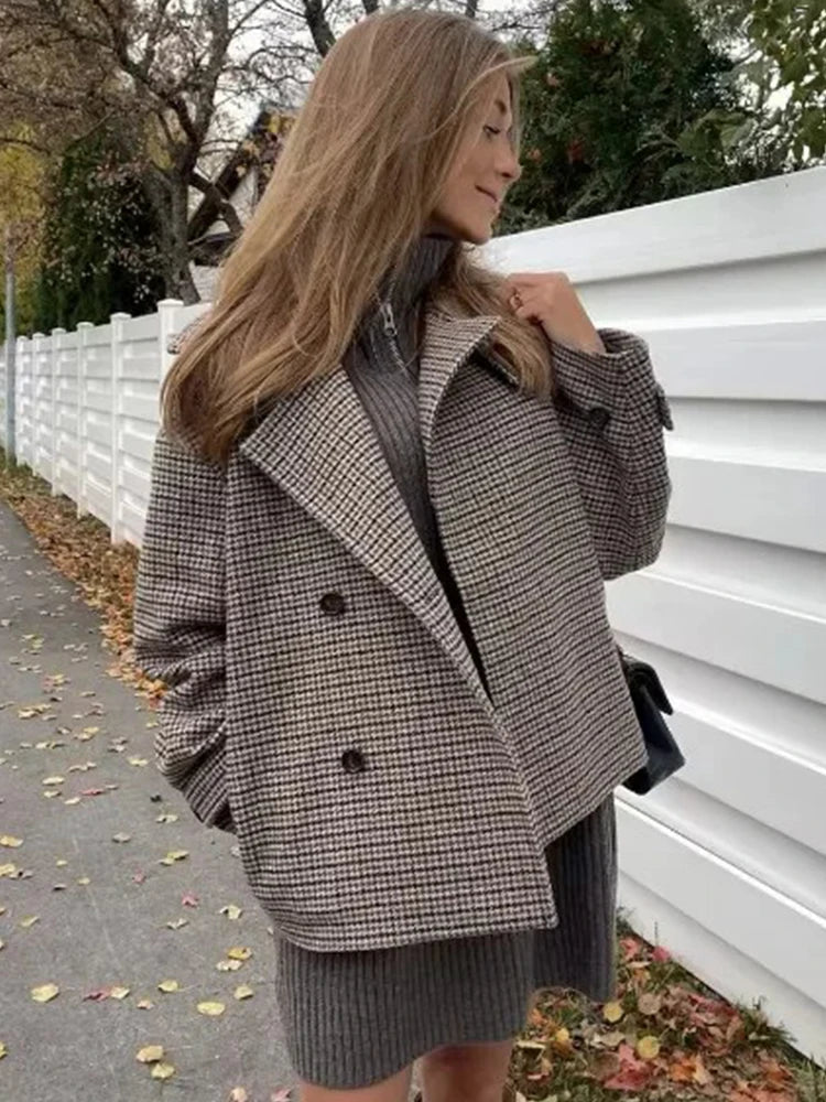 Women Fashion Houndstooth High Collar Short Jacket For Women Chic Long Sleeve Single Breasted Jacket Lady Outerwear