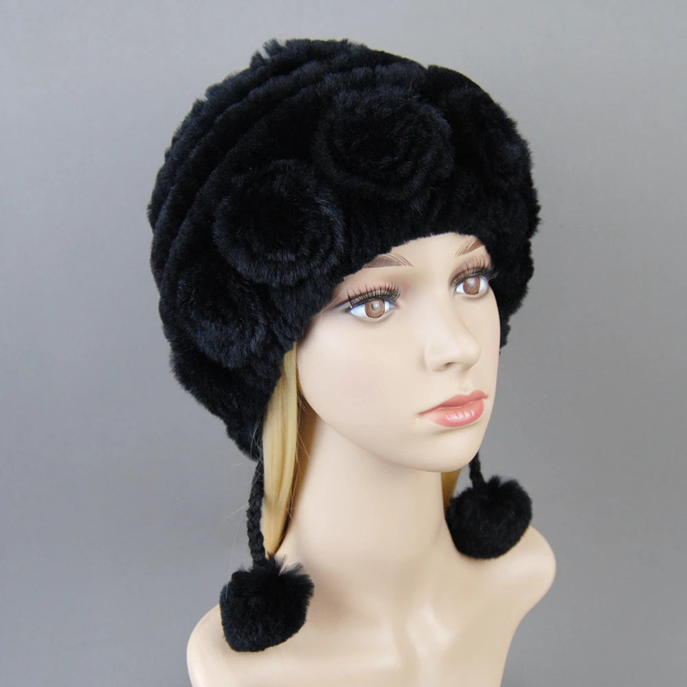 Hot Sale Women Warm Rex Rabbit Fur Hat Scarf Sets Winter Lady Knit Fur Hats Muffler 2 Pieces Natural Rex Rabbit Fur Cap Scarves