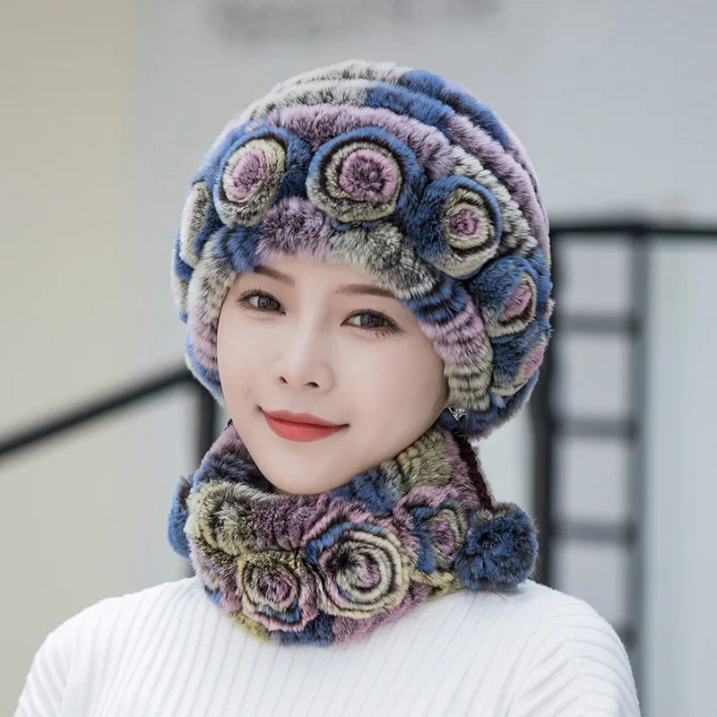 Hot Sale Women Warm Rex Rabbit Fur Hat Scarf Sets Winter Lady Knit Fur Hats Muffler 2 Pieces Natural Rex Rabbit Fur Cap Scarves