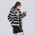 2025 Winter Women Real Fur Coat Large Lapel Collar Short Rex Rabbit Jacket Full Pelt Fur Chinchilla Color Thick Warm Women Coat