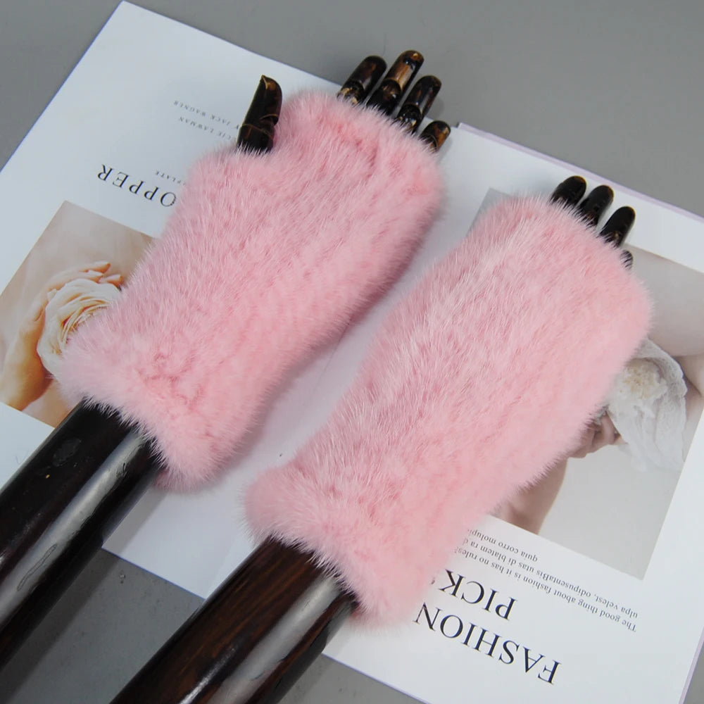 New Style Women Winter Real Mink Fur Gloves 100% Natural Warm Mink Fur Fingerless Gloves Girls Knitted Genuine Mink Fur Mittens