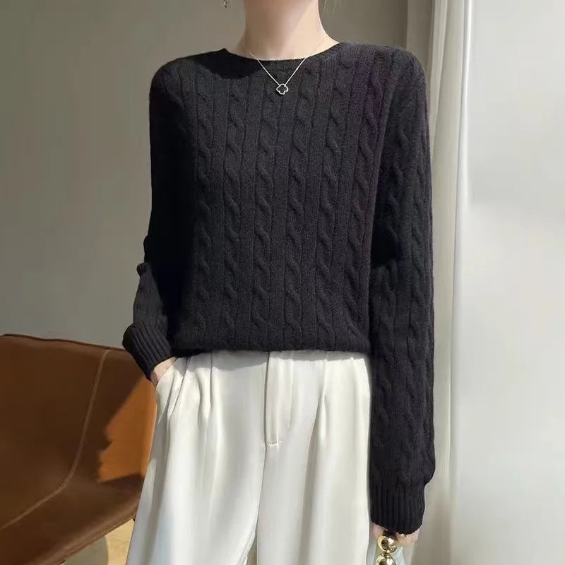 Autumn And Winter New Thick Wool Knitted Sweater Solid Color Round Neck Twist Loose Fashion Knitted Bottoming Shirt Top
