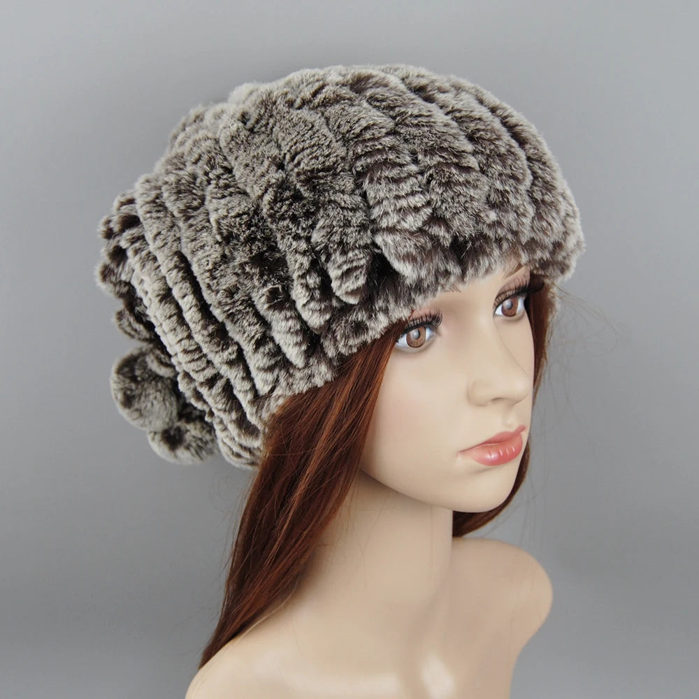 Winter Luxury Women Real Natural Rex Rabbit Fur Hats Fashion Lady Knitted Genuine Fur Caps Russian Outdoor Warm Fur Hats Beanies
