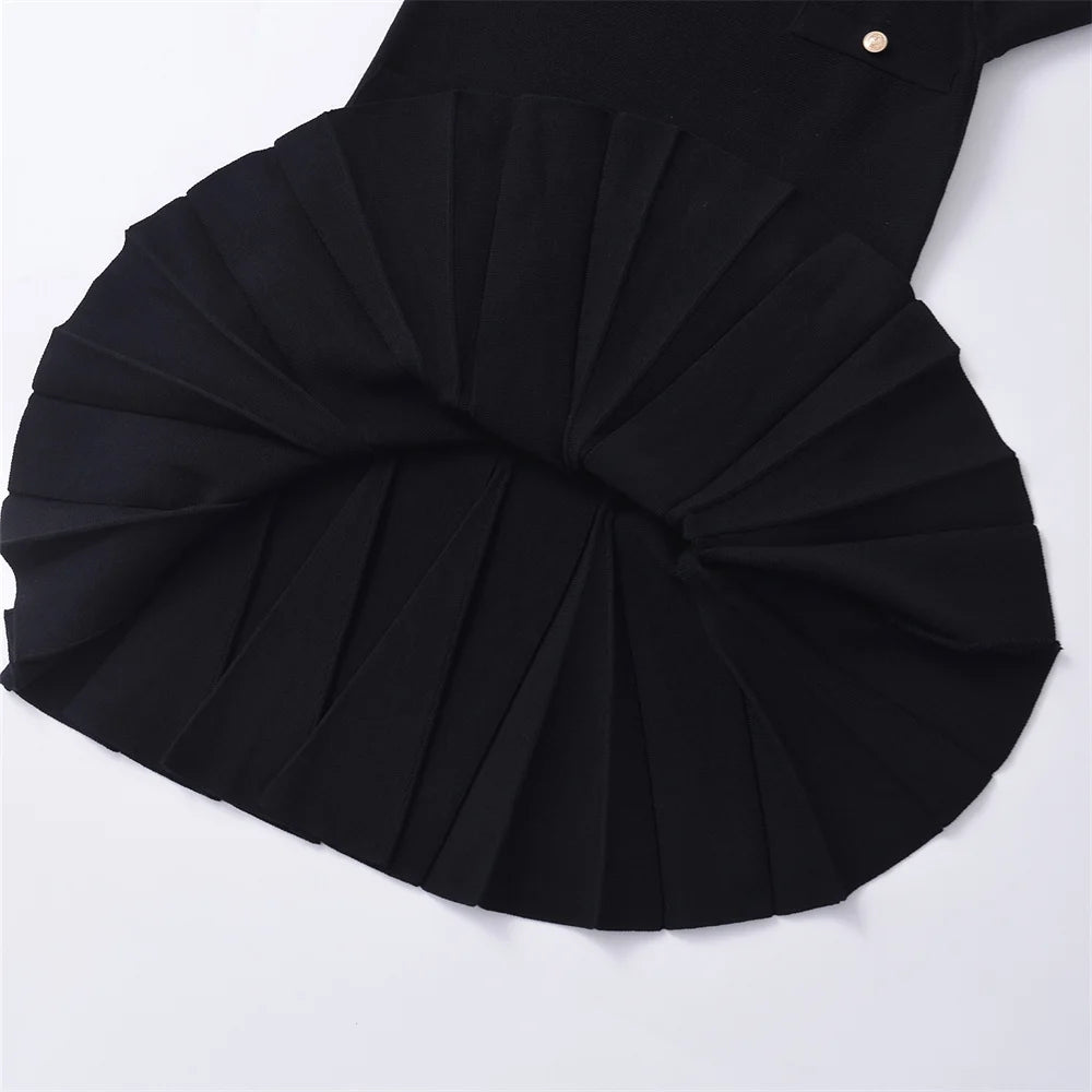 women's solid color button decoration wide pleated knitted short skirt autumn new product round neck long sleeved dress