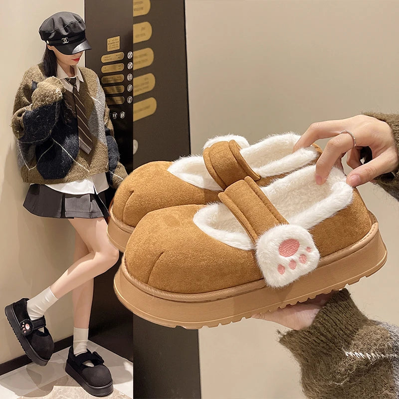 Cute Cat Paw Cotton Snow Boots Shoes With Winter Velvet Thick Sole Indoor Outdoor Shoes ForWarm Round Toe Ankle Boots