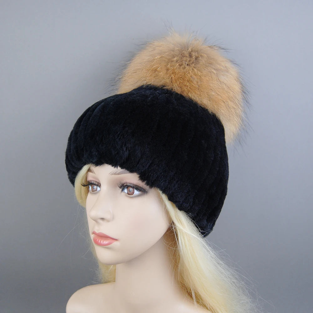 New Winter Warm Real Rex Rabbit Fur Hats Beanies 100% Natural Fur Caps Fashion Knitted Genuine Fur Hat With Raccoon Fur Ball