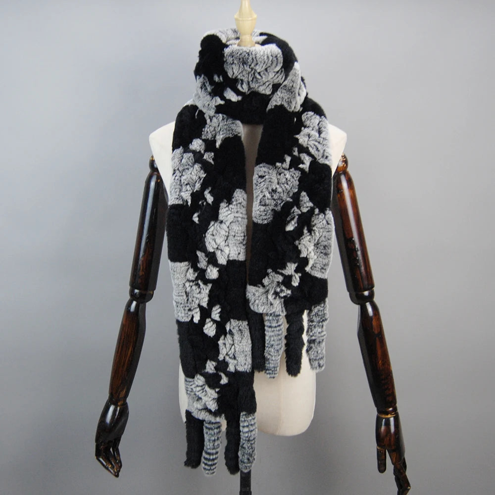 2025 Long Style Women Winter Real Rex Rabbit Fur Scarf Natural Rex Rabbit Fur Scarves Lady Knitted Rex Rabbit Fur Ring Scarves
