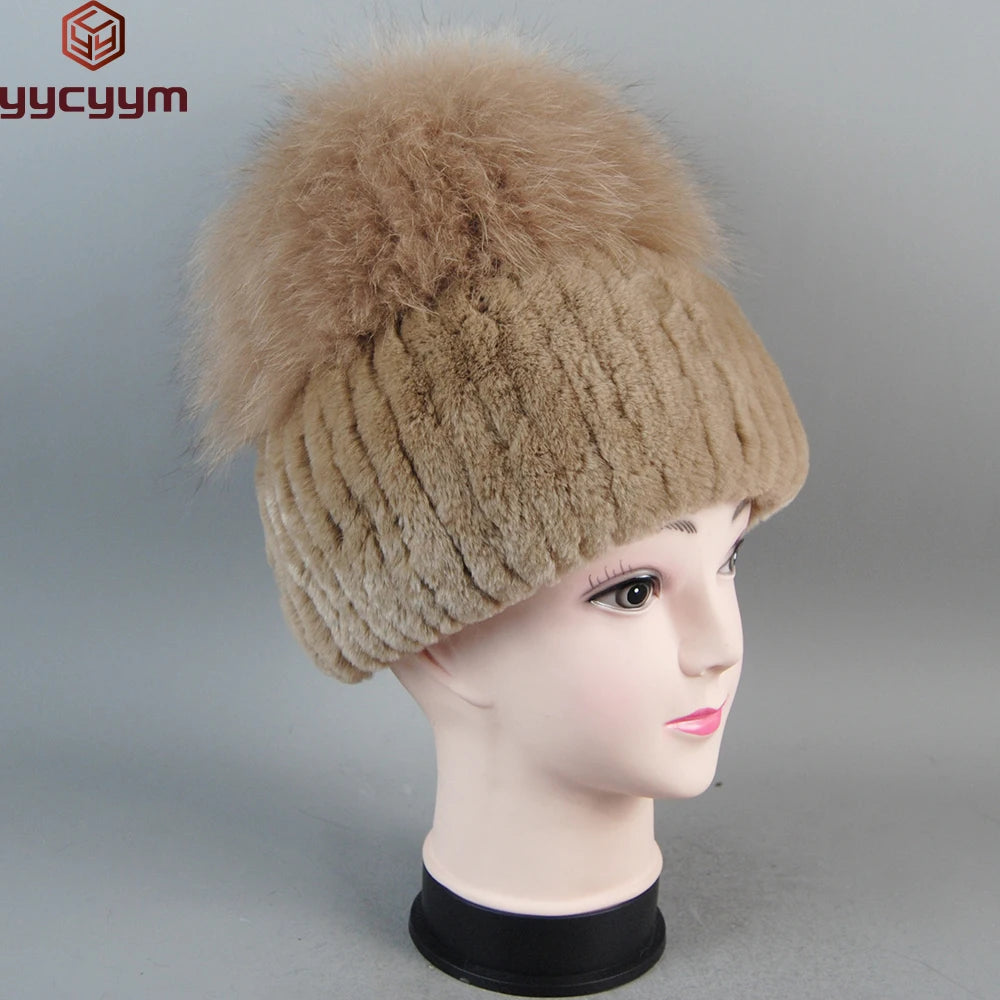 Female's Hat Good Elastic Natural Fluffy Real Fox Fur Hat New Winter Women Knitted Real Rex Rabbit Fur Hats Lady Real Fur Cap