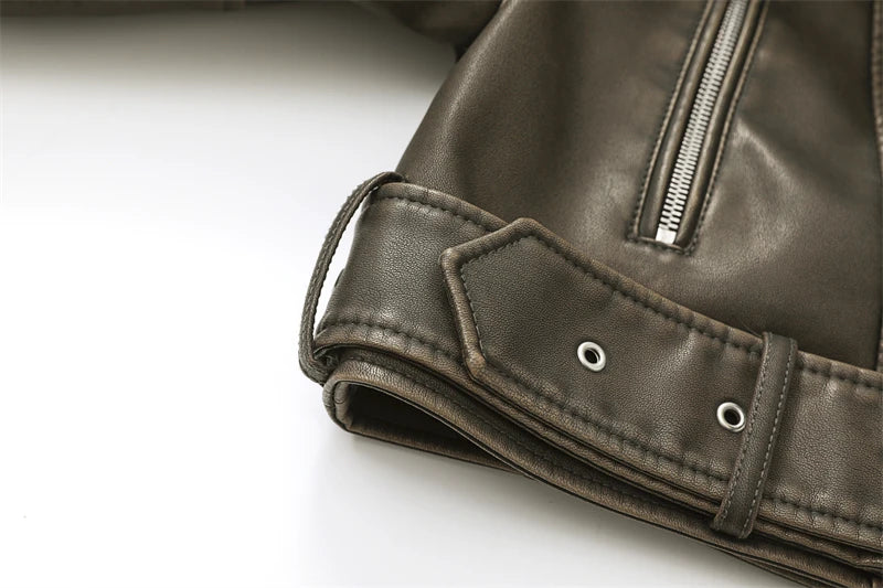 Army greeNew Coal graysty le Women's washed leather jacket with belt, short coat with downgraded zipper and vintage lapel jacket