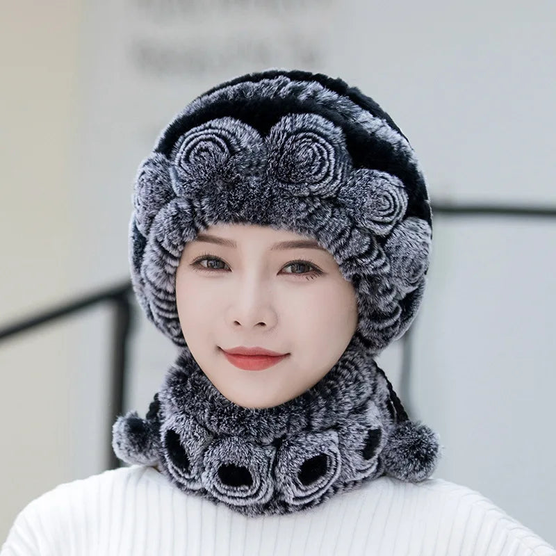 Hot Sale Women Warm Rex Rabbit Fur Hat Scarf Sets Winter Lady Knit Fur Hats Muffler 2 Pieces Natural Rex Rabbit Fur Cap Scarves