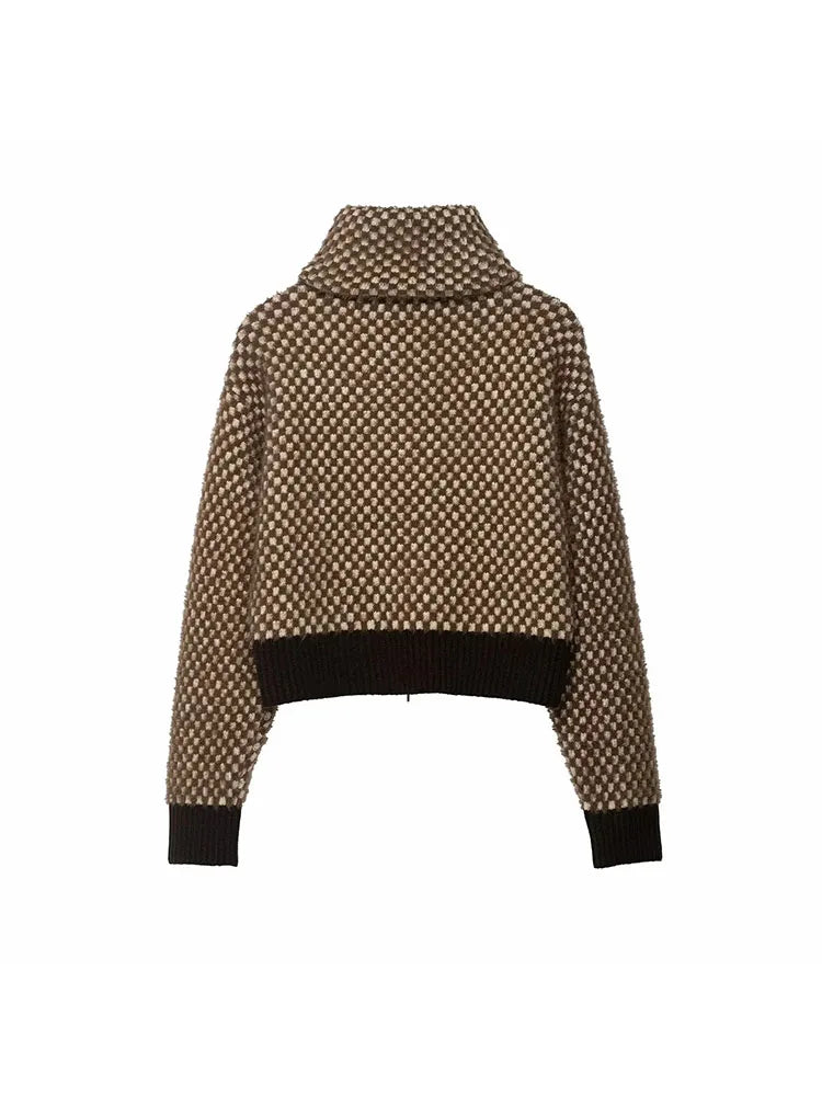 Women 2025 Winter New Artificial Fur Pilot Jacket Collar Cardigan Wool Sweater Thickening Color Block Tops Zipper Jacket