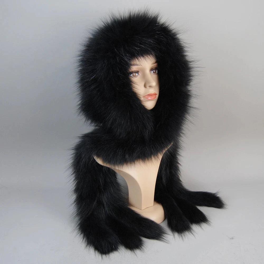 Luxury Knit Genuine Fur Caps Muffler Winter Thick Women 100% Natural Fox Fur Hat Scarves Lady Warm Fluffy Real Fox Fur Hat Scarf