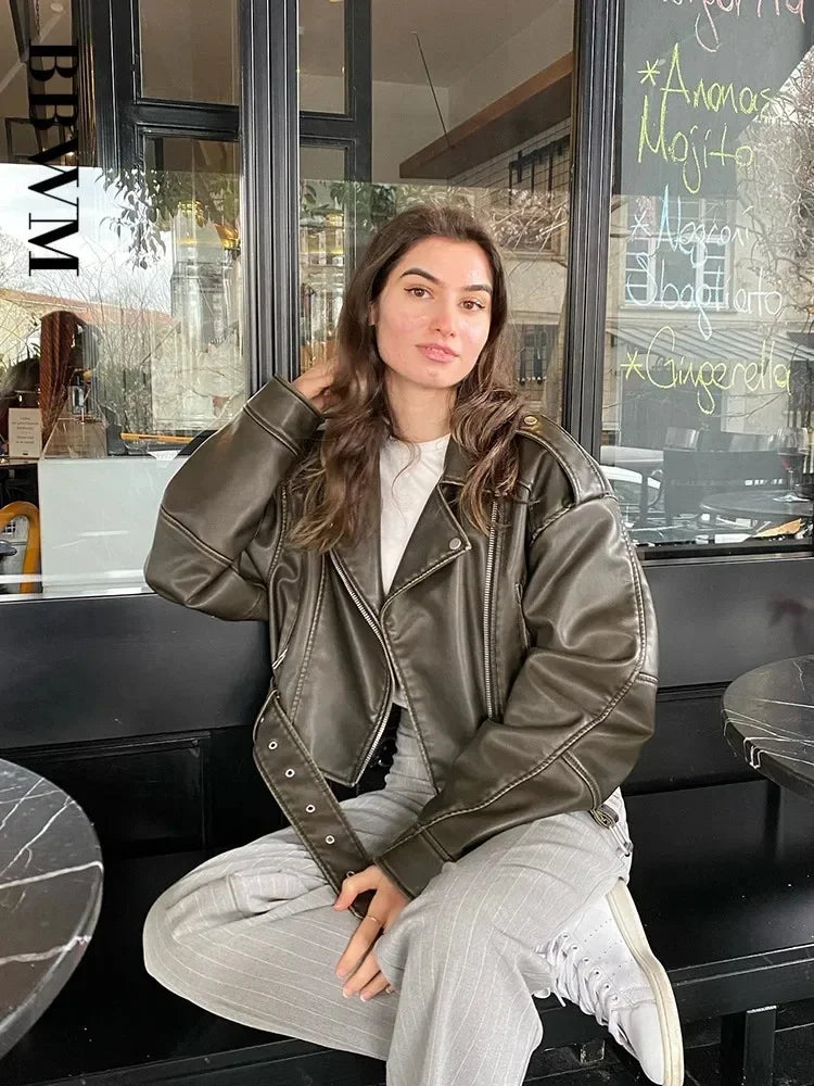 2025 Women Oversized Vintage Loose Pu Faux Leather Short Jacket with Belt Streetwear Female Zipper Retro Moto Biker Coat Outwear