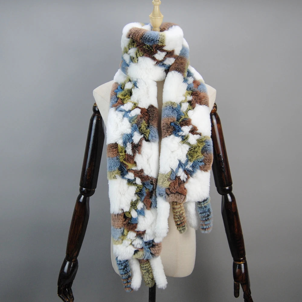 2025 Long Style Women Winter Real Rex Rabbit Fur Scarf Natural Rex Rabbit Fur Scarves Lady Knitted Rex Rabbit Fur Ring Scarves