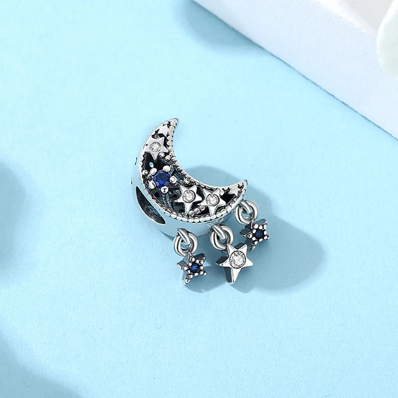New Original 925 Sterling Silver Charms Star Moon Blue Crystal Glass Beads Fit Brand Bracelets Necklaces Jewelry For Women