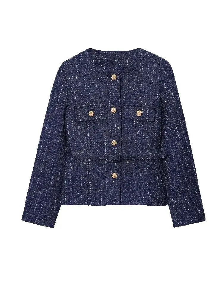 Gold Button Decoration Jacket for Women Summer Short Sleeved Textured Coat Fashion Cropped Coat Tops