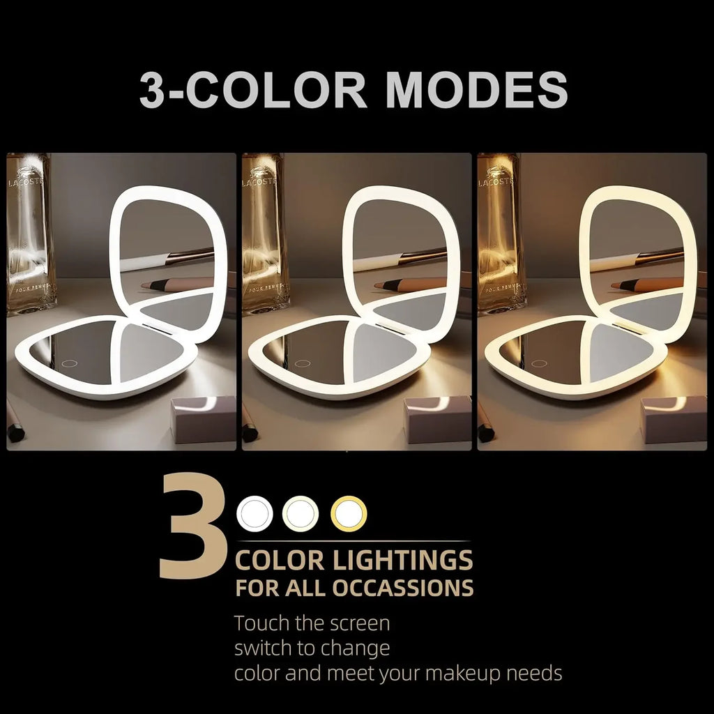 Portable LED Makeup Mirror, Double-Sided Lighted Mirror, Rechargeable 5X Magnification Folding Dressing Mirror for Touch-Ups.