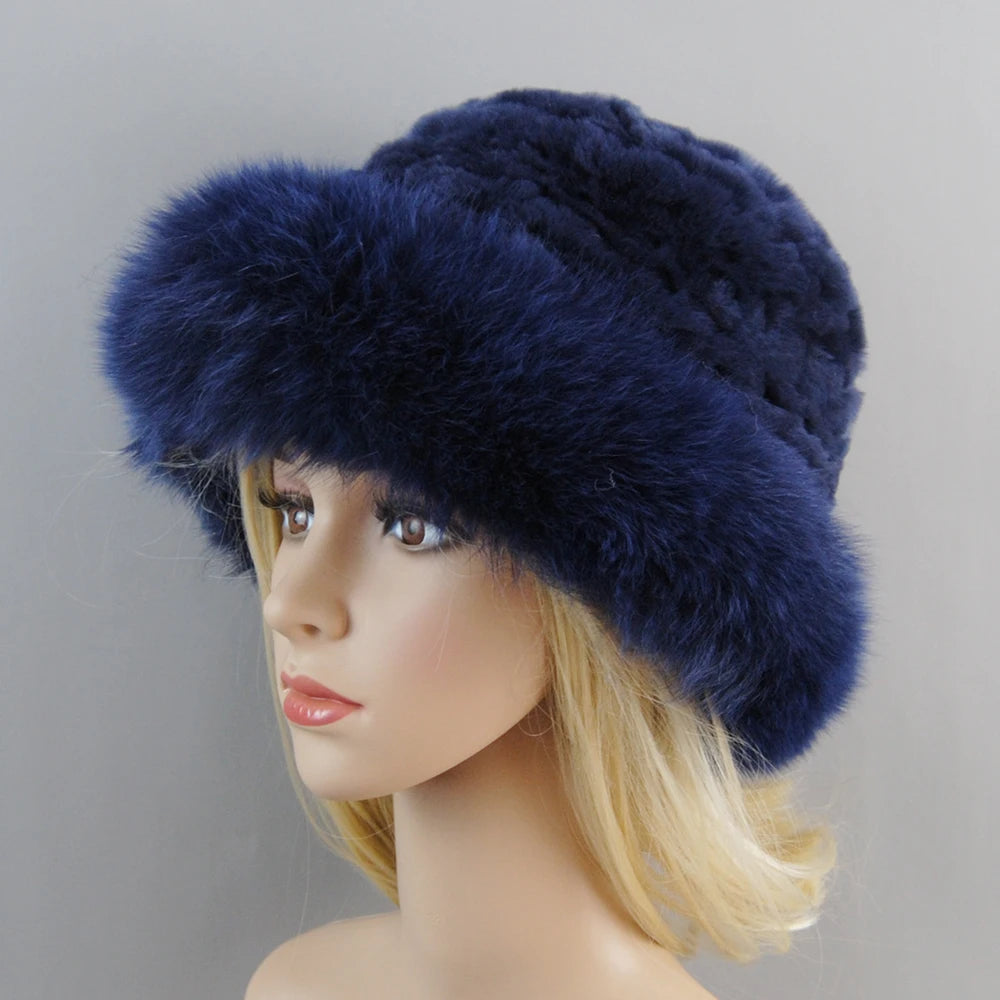 New Style Luxury Knitted Real Genuine Fox Fur Hats Women Beanies Solid Rex Rabbit Fur Caps Winter Lady Fashion Fur Skullies Hat