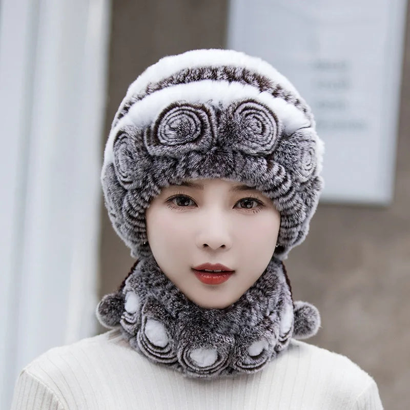Hot Sale Women Warm Rex Rabbit Fur Hat Scarf Sets Winter Lady Knit Fur Hats Muffler 2 Pieces Natural Rex Rabbit Fur Cap Scarves