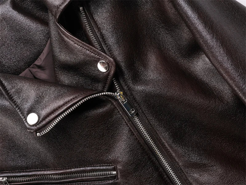 Dark brown Coal graysty le Women's washed leather jacket with belt, short coat with downgraded zipper and vintage lapel jacket