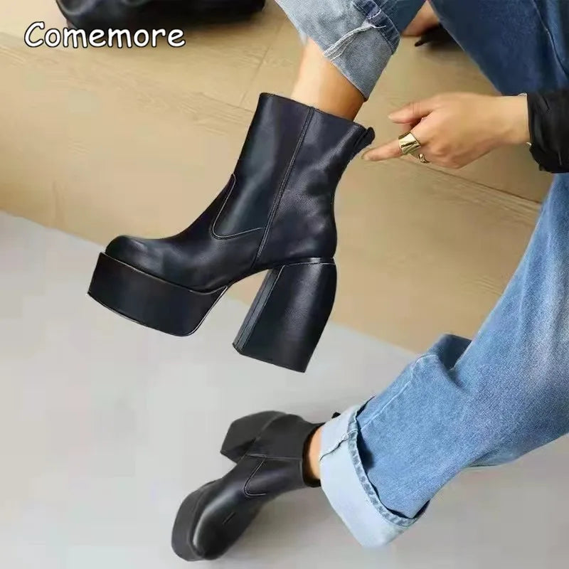 Comemore Women Punk Style Autumn Winter Chunky Platform High Boot Party Shoes Ladies Black Thick Heels Elastic Knee High Boots